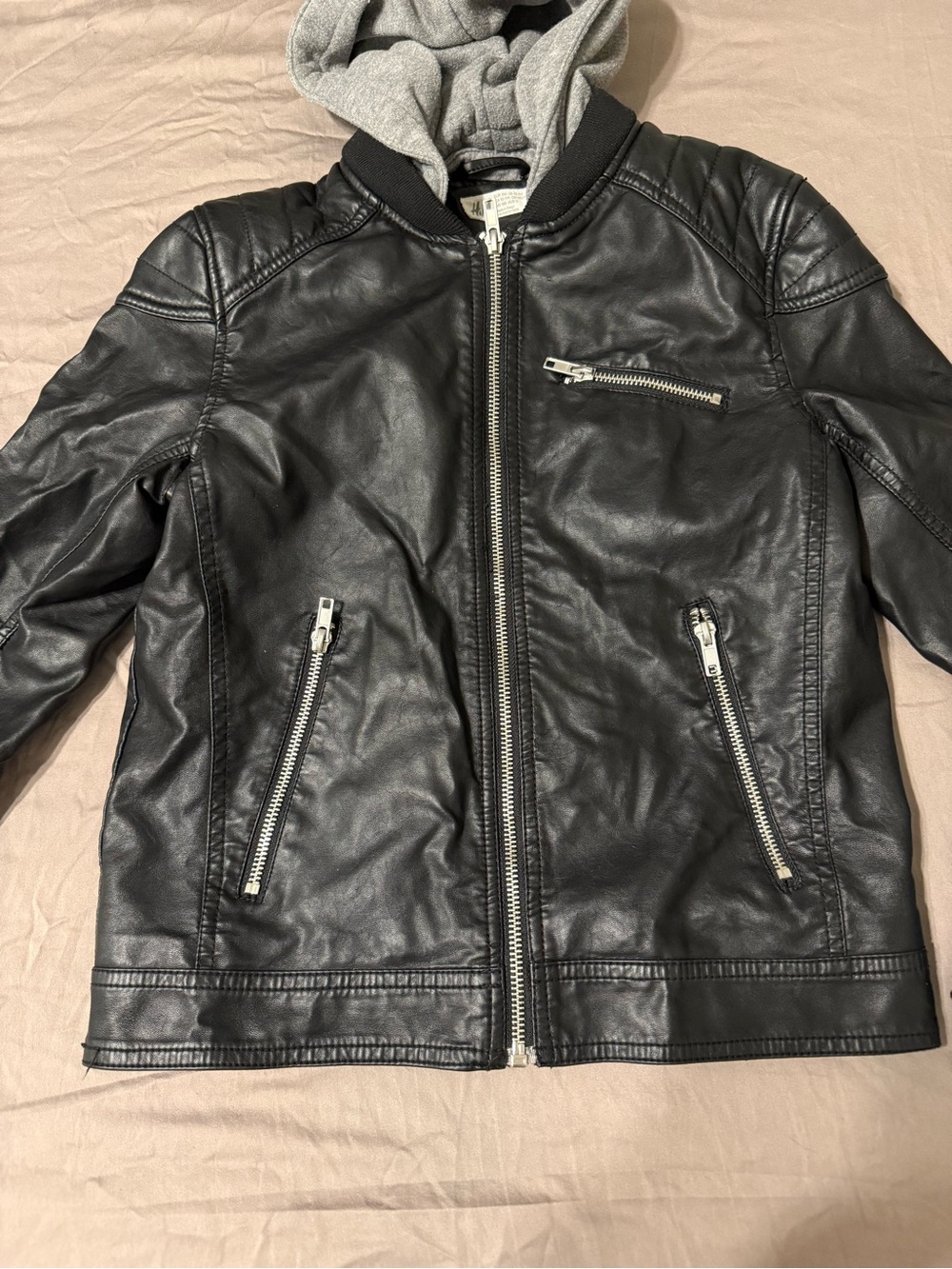 H&M Black Faux-Leather Bomber Jacket with Gray Hood - Picture 8 of 9